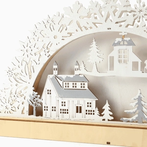 Wooden Christmas bridge LED light ornament with Nordic pine trees and house silhouettes