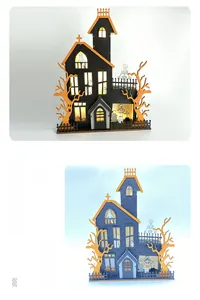 Detail of a lighted Halloween wooden ghost castle desk ornament with spooky elements