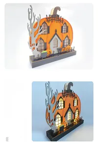Detail of Halloween wooden pumpkin house with LED lights and spooky cutout silhouette