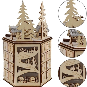 Rotating LED wooden Christmas advent calendar with 24 drawers and laser-cut forest scene