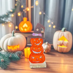 Halloween Wooden Pumpkin Stack LED Ornament Three Tier Pumpkins With Wizard Hat Laser Cut Light Up Desktop Decoration