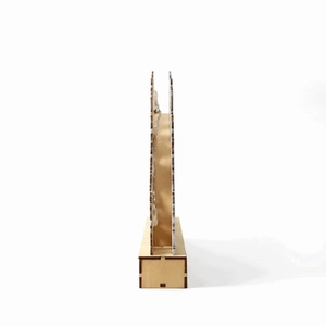 Detailed side view of wooden LED bridge light showing layered laser-cut construction