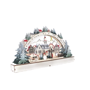 LED wooden Christmas arch bridge lamp with laser cut winter village and snow house scene