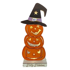 Wooden Halloween pumpkin totem with wizard hat and LED lights on Happy Halloween base