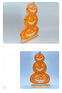 Detail view of the illuminated three-tier wooden pumpkin LED ornament for Halloween decor