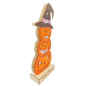 Wooden Halloween pumpkin tier decoration with wizard hat and Happy Halloween base