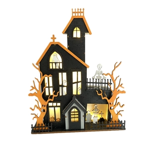 Halloween Haunted House Wooden LED Light Ornament Laser Cut Boxwood Layered Desktop Decoration With Ghost Pumpkin Skeleton