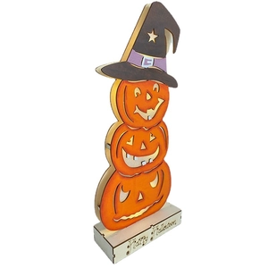 Three-tier wooden Halloween pumpkin LED light ornament with Happy Halloween base