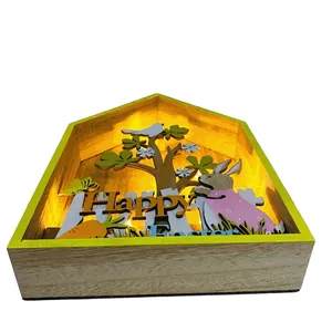 Wooden Happy Easter LED light box with layered 3D bunny and tree carving decoration