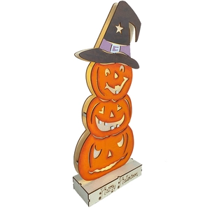 3D stacked wooden Halloween pumpkins with wizard hat and Happy Halloween base carving