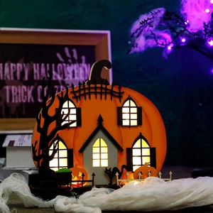 Halloween LED Glowing Pumpkin House Ornament Wooden Craft Desktop Halloween Party Home Decoration Light Boxwood Carving