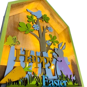 Lighted wooden Happy Easter house ornament with layered rabbit and flower carvings