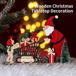 Handcrafted wooden Santa Claus sleigh decor set with Christmas tree on plush white base