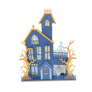 Halloween wooden haunted house desktop decoration with LED lights and ghost pumpkin design