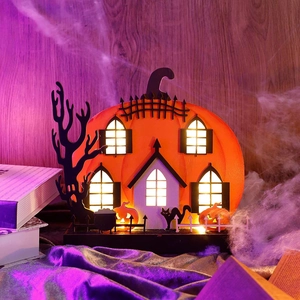 Wooden Halloween pumpkin house LED light with black cat silhouettes for festive home decor