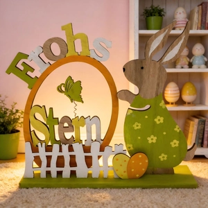 Handcrafted wooden Easter bunny ornament with Frohe Ostern text and colorful egg details
