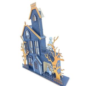 Halloween haunted house wooden LED centerpiece with laser-cut ghost and skull motifs