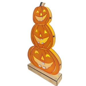 Three-tier stackable wooden Halloween pumpkin LED light with warm glowing facial cutouts