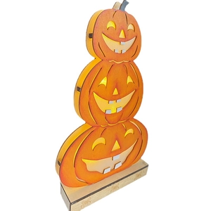 Three-tier wooden Halloween pumpkin lanterns with LED warm lights and spider carving