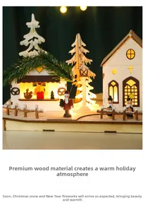 Detail of wooden Christmas village ornament featuring warm LED lights and a rustic cabin
