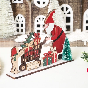 Nordic wooden Christmas scene with Santa Claus pushing a trolley and festive gift decor