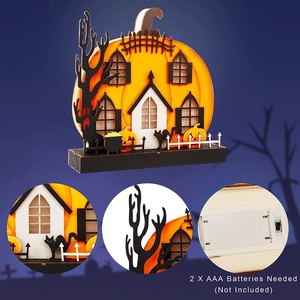 LED lighted Halloween pumpkin house wooden ornament with layered silhouette design