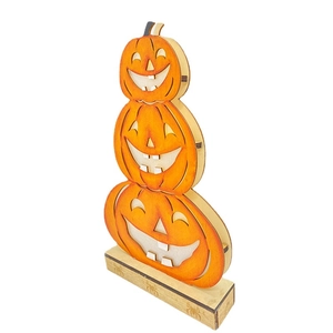 Three-tier stacked wooden Halloween pumpkin decorations with LED lights and spider base