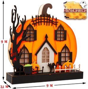9-inch Halloween wooden pumpkin house LED glowing ornament with spooky cat and dry tree