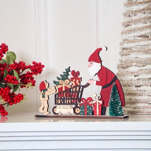 Wooden Christmas Santa decoration with gift cart for tabletop holiday home decor