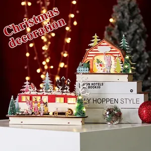 Christmas LED wooden bus and house ornaments with warm glow and festive holiday details