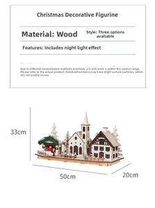 Detailed view of LED glowing wooden Christmas village decor with dimensions 50x20x33cm