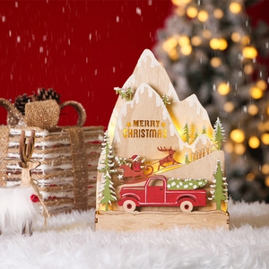 Close-up of LED wooden Christmas decor featuring a red truck and Merry Christmas text
