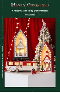 Close-up of wooden Christmas church ornaments and bus-shaped Advent calendar with LED lights