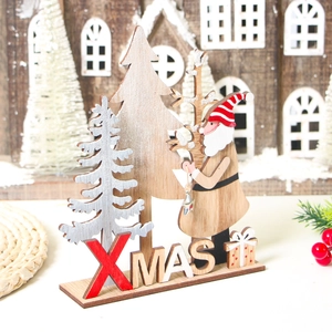 Wooden Santa Claus desk ornament with XMAS base and sparkling trees for festive decor