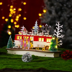 Christmas LED Light Up Wooden Camper Bus Ornament Laser Cut 3D Scene Santa Reindeer Gnomes Desktop Decorative Table Lamp