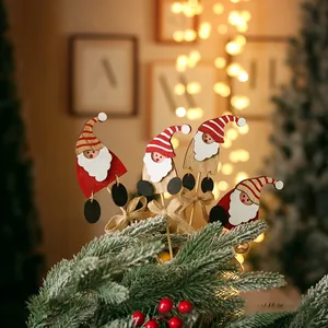 Set of four wooden Santa Claus picks with burlap bows for festive holiday decoration