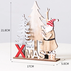 Detailed view of wooden Santa Claus tabletop decor with XMAS lettering and size dimensions