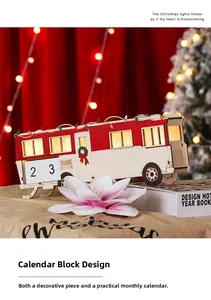 Close-up of wooden Christmas bus calendar with LED lights and manual date cubes