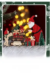 Detail of wooden painted Santa Claus figurine with gift cart on a snow-like surface