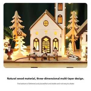 Macro detail of wooden Christmas village with warm LED lights and carved pine trees