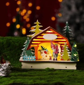 Detail view of glowing wooden Christmas house with LED lights and gnome figurines