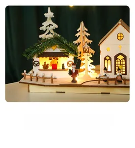 Macro detail of wooden Christmas LED ornament featuring laser-cut scenes and warm glow