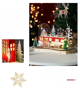Close-up of LED lit Christmas wooden bus ornament with Santa and reindeer on roof
