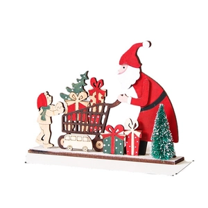 Wooden Christmas Santa decoration with gift cart and tree tabletop ornament set