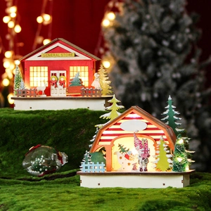 Glow-in-the-dark wooden Christmas store and sleigh display with warm LED lights