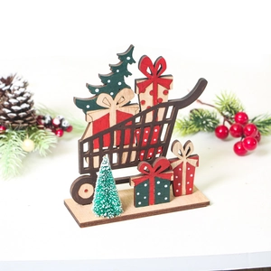 Detail view of a wooden Christmas shopping cart with miniature trees and gift boxes