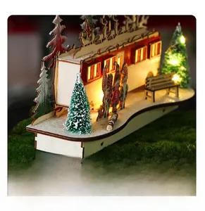 Detail of multi-layered Christmas LED wooden bus with colorful printed holiday scenes