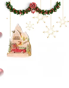 Macro shot of tiered wooden Christmas LED ornament featuring Santa and truck details