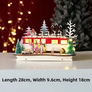 Illuminated red Christmas bus wooden ornament with tree and gnome details, 28x9.6x18cm