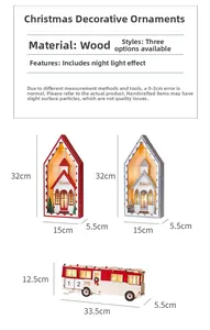 Close-up of wooden Christmas church and bus ornaments with glowing LED light effects